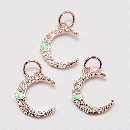 Brass Cubic Zirconia Charms, with Synthetic Opal, Moon, Cadmium Free & Lead Free