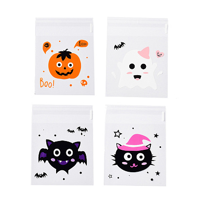 Пластиковый пакет для выпечки на тему хэллоуина, с самоклеющейся, для шоколада, конфеты, печенье, квадрат с тыквой/котом/летучей мышью