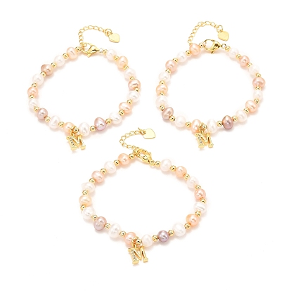 Браслеты с подвесками из латуни с кубическим цирконием, реальный 18 k позолоченный, с жемчугом из натуральной пресной воды, долговечный, Буква М