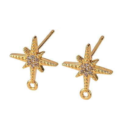 Фурнитура для серег-гвоздиков из латуни с паве из прозрачного кубического циркония, с петлей, без никеля , звезда