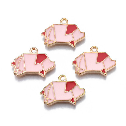 Rack Plating Alloy Enamel Pendants, Cadmium Free & Nickel Free & Lead Free, Light Gold, Origami Pig