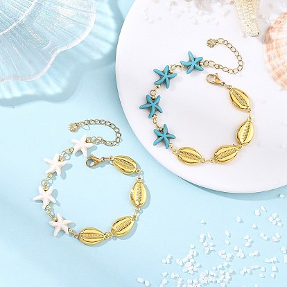 2 шт. 2 стили 304 браслеты-цепочки из нержавеющей стали и синтетической бирюзы для женщин, форма раковины и морская звезда, реальный 18 k позолоченный