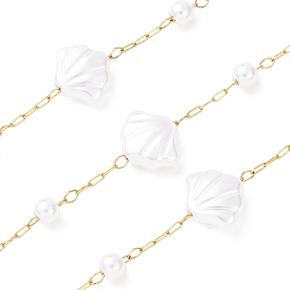 304 Цепи из нержавеющей стали и АБС-пластика с круглыми и ракушечными бусинами, ионное покрытие (ip), пайки, с катушкой