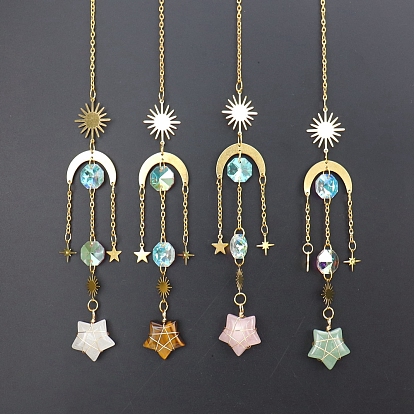 Gemstone Star Sun Catcher Hanging Ornaments with Brass Sun, for Home, Garden Decoration, Golden
