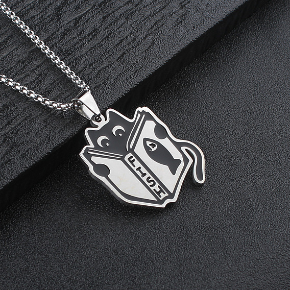 304 Stainless Steel Black Cat with Book Pendant Box Chain Necklaces