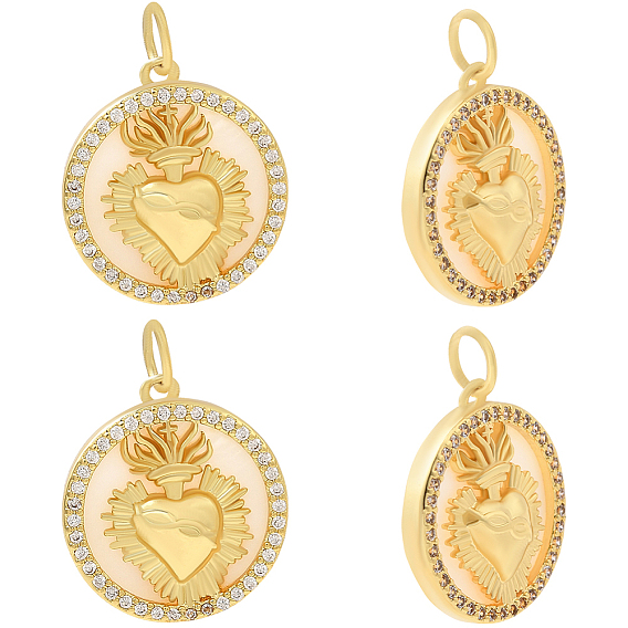 6 шт. подвески из золотистой латуни с микропаве из кубических цирконий, с оболочкой и кольцами для прыжков, плоско-круглые с сердцем