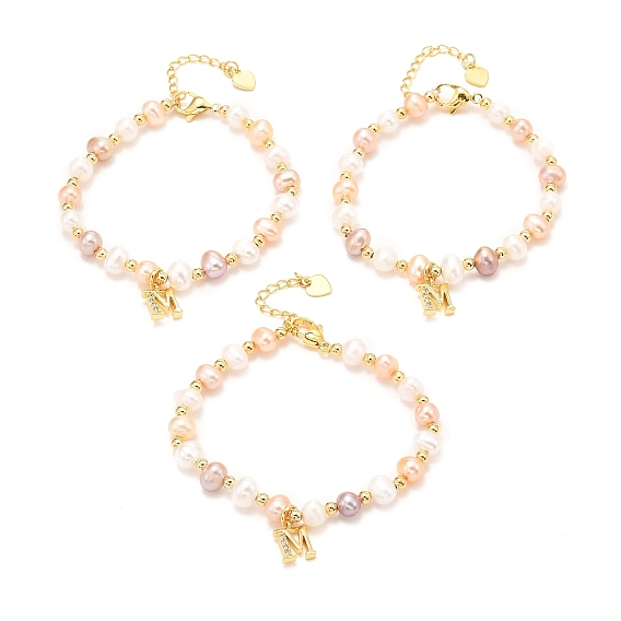 Браслеты с подвесками из латуни с кубическим цирконием, реальный 18 k позолоченный, с жемчугом из натуральной пресной воды, долговечный, Буква М