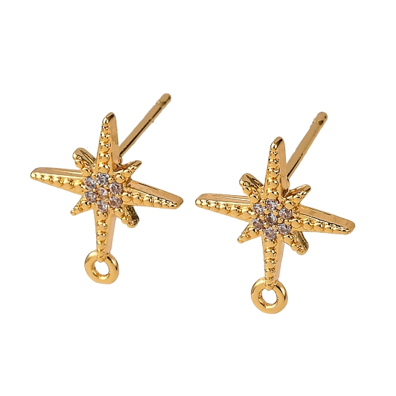 Фурнитура для серег-гвоздиков из латуни с паве из прозрачного кубического циркония, с петлей, без никеля , звезда