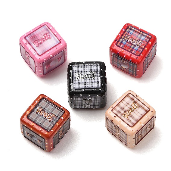 Opaque Printed Acrylic Beads, Tartan Cube with Word Sweet
