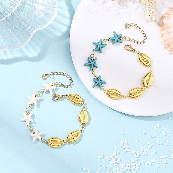 2Pcs 2 Styles 304 Stainless Steel & Synthetic Turquoise Link Chain Bracelets for Women, Shell Shape & Starfish, Real 18K Gold Plated