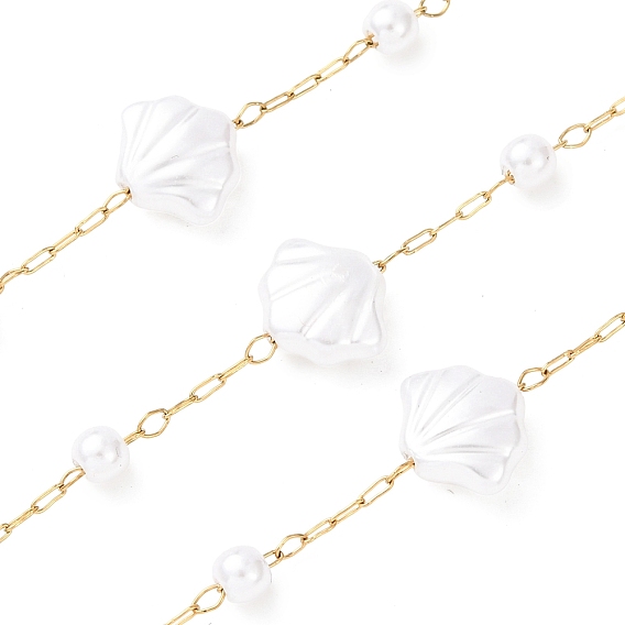 304 Цепи из нержавеющей стали и АБС-пластика с круглыми и ракушечными бусинами, ионное покрытие (ip), пайки, с катушкой