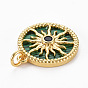 Brass Cubic Zirconia Pendants, with Synthetic Stone and Jump Ring, Real 16K Gold Plated, Flat Round with Sun, Nickel Free
