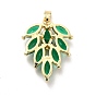 Brass Pendants, with Green Glass, Leaf Charm