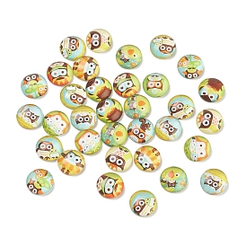 Cartoon Glass Cabochons, Half Round/Dome with Owl Pattern