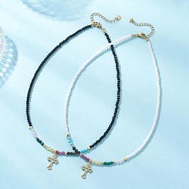 2 шт. 2 цвета 304 подвеска-крест из нержавеющей стали с натуральным рубином, золотистым блеском обсидиана, розового кварца, малахита и желтого опала, круглые и гальванизированные стеклянные рондели, ожерелья для женщин, золотые