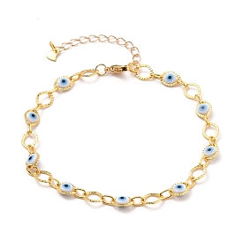 Brass Horse Eye Link Chains Anklets, with Evil Eye Plastic Beads and 304 Stainless Steel Lobster Claw Clasps
