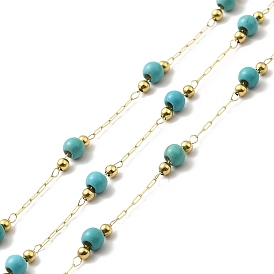 Ion Plating(IP) 316 Surgical Stainless Steel Paperclip Chains, Synthetic Turquoise Beads Chain, Soldered, with Spool