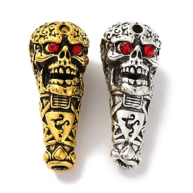 Rack Plating Tibetan Style Alloy 3 Hole Guru Beads, T-Drilled Beads, with Rhinestone, Skull