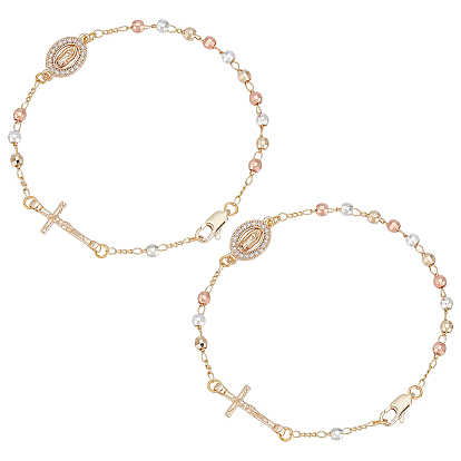 2шт. браслеты из латунных бусин, овальное украшение с Девой Марией и крестом для женщин, со стразами