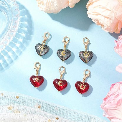 6Pcs Heart with Star Moon Sun Glass Pendant Decorations, with Alloy Lobster Claw Clasps