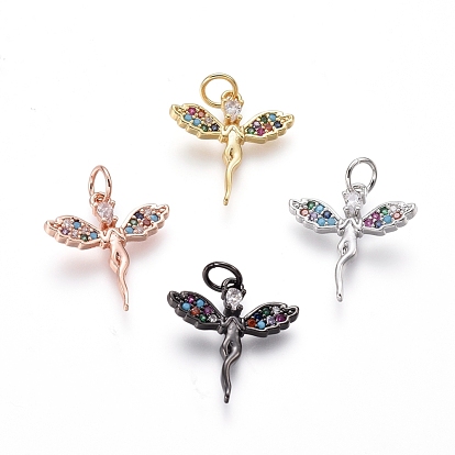 Brass Micro Pave Cubic Zirconia Pendants, with Jump Rings, Cadmium Free & Lead Free, Angel, Colorful