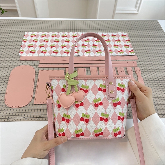 Набор для изготовления сумки через плечо с вишневым принтом своими руками, включая иглы для вышивания и нитки, ткани из искусственной кожи