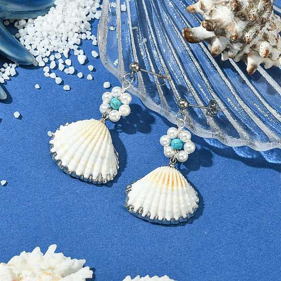 304 серьги-гвоздики в форме ракушки из нержавеющей стали, с подвесками из ракушек и бусинами из ракушек, с синтетическими бирюзовых бус