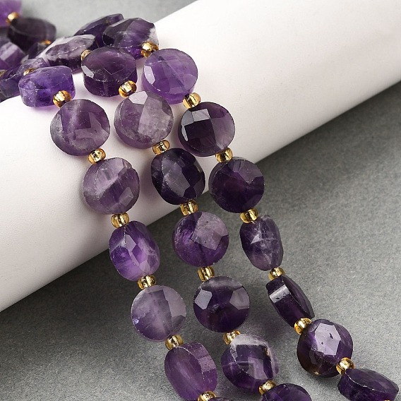 Природный аметист нитей бисера, граненые, плоско-круглые, с бисером