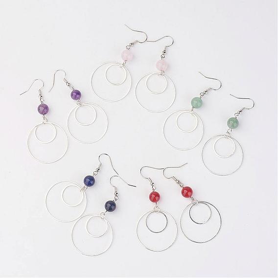 Brass Ring Dangle Earrings, with Gemstone Bead and Brass Earring Hooks, Silver and Platinum
