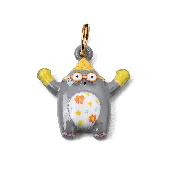Printed 304 Stainless Steel Pendants, Cartoon Mouse with Flower Charms, Golden