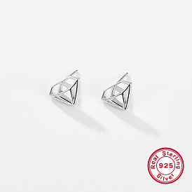 Diamond Shaped Rhodium Plated 925 Sterling Silver Stud Earrings for Women, with 925 Stamp