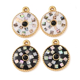 304 нержавеющей стальной эмали подвески, плоские круглые прелести, с ракушками и черным агатом, золотые