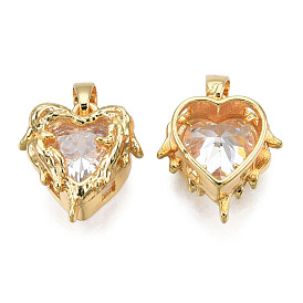 Brass Micro Pave Cubic Zirconia Charms, with Brass Snap on Bails, Heart Charms, Real 18K Gold Plated, Nickel Free