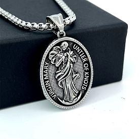 Collar de acero inoxidable con colgante ovalado de hip-hop con Virgen María