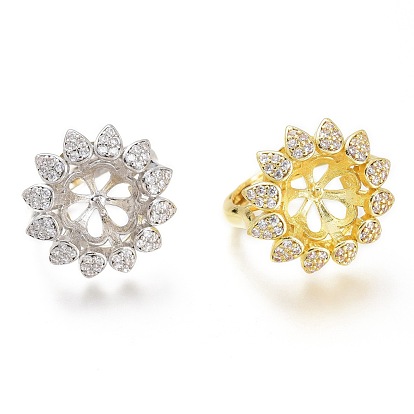 Adjustable Brass Finger Ring Components, with Micro Pave Cubic Zirconia, For Half Drilled Beads, Long-Lasting Plated, Flower