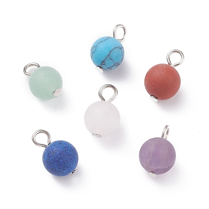 Frosted Natural & Synthetic Gemstone Charms, with Platinum Tone Iron Loops, Round