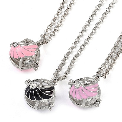 Brass Enamel with Rhinestone Pendant Necklaces, with Iron Rolo Chains, Round with Wing Pattern, Platinum