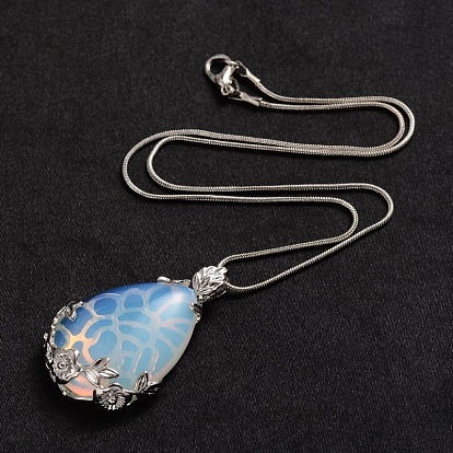Gemstone Pendant Necklaces, with Platinum Plated Brass Round Snake Chain, 15.7 inch 