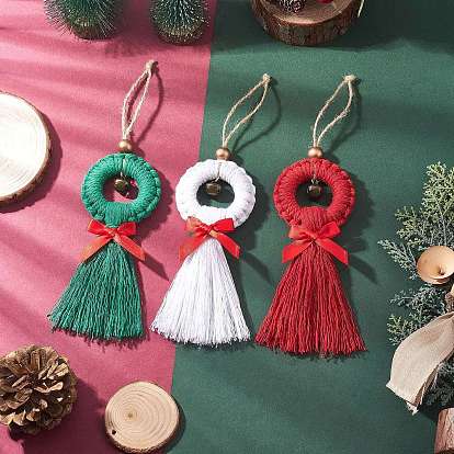 3шт. плетеные хлопковые нити кисточки подвески украшения, с деревянным кольцом, для елочных подвесных украшений