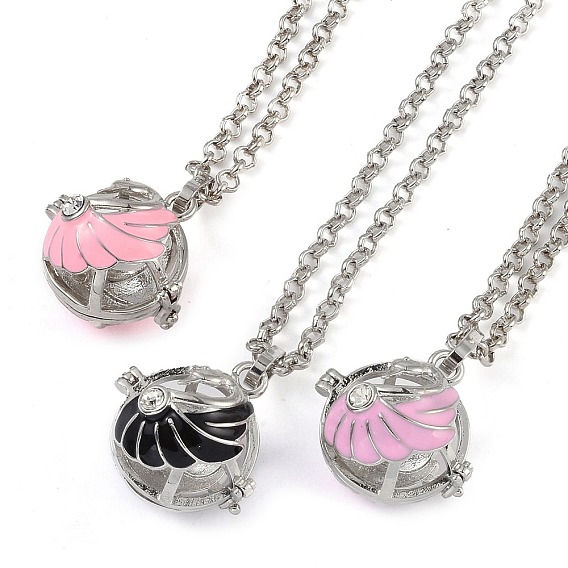 Brass Enamel with Rhinestone Pendant Necklaces, with Iron Rolo Chains, Round with Wing Pattern, Platinum