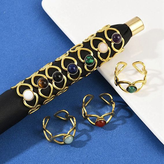 316 Кольца-манжеты из нержавеющей стали с натуральными смешанными драгоценными камнями, ионное покрытие (ip), реальный 18 k позолоченный, пайки