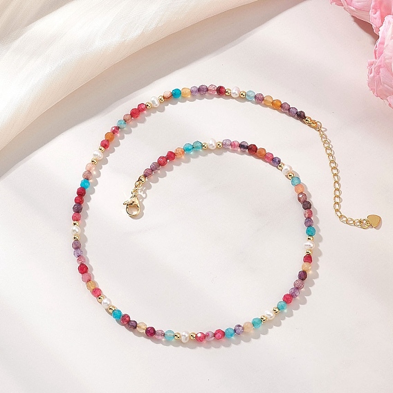 Ожерелья из натуральных бусин с ограненными круглыми бусинами из окрашенного агата и натурального культивированного пресноводного жемчуга, с 304 из нержавеющей стали Lobster Claw застежками, золотые