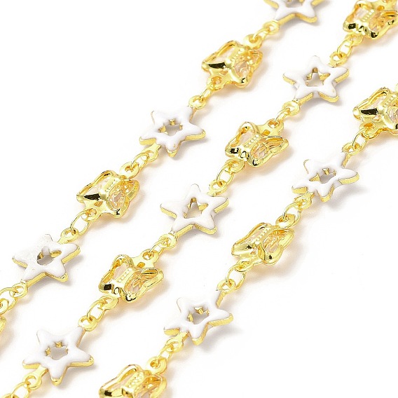Handmade Brass Link Chains, with Brass Enamel Links, Soldered, with Spool, Star & Butterfly, Cadmium Free & Lead Free, Real 18K Gold Plated