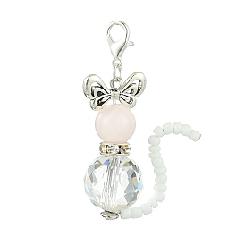 Cat Shape Natural Rose Quartz & Glass Pendant Decorations, Alloy Lobster Claw Clasps Charms for Bag Key Chain Ornaments
