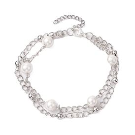 8mm Round Shell Pearl Bead Multi-Strand Bracelets, Iron Twisted Chain Bracelets for Women Men