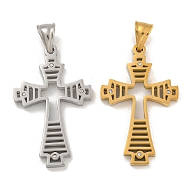 304 Stainless Steel Pendants, with Rhinestone, Cross Charm