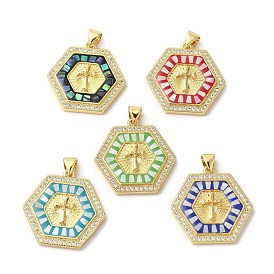 Hexagon with Cross Brass Micro Pave Cubic Zirconia Pendants, with Enamel & Shell, Long-Lasting Plated, Lead Free & Cadmium Free, Real 18K Gold Plated