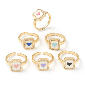 Brass Micro Pave Clear Cubic Zirconia Cuff Rings, Open Rings, Rectangle with Heart, Golden