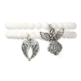 Natural Malaysia Jade Round Beaded Bracelets Sets, Alloy Wing & Angel Pendant Bracelet