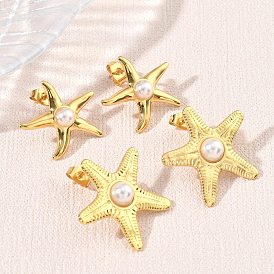 304 Stainless Steel Stud Earrings, Starfish, with ABS Plastic Imitation Pearl